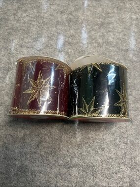 Burgundy and green Christmas Ribbon Duo with Gold Star Motif